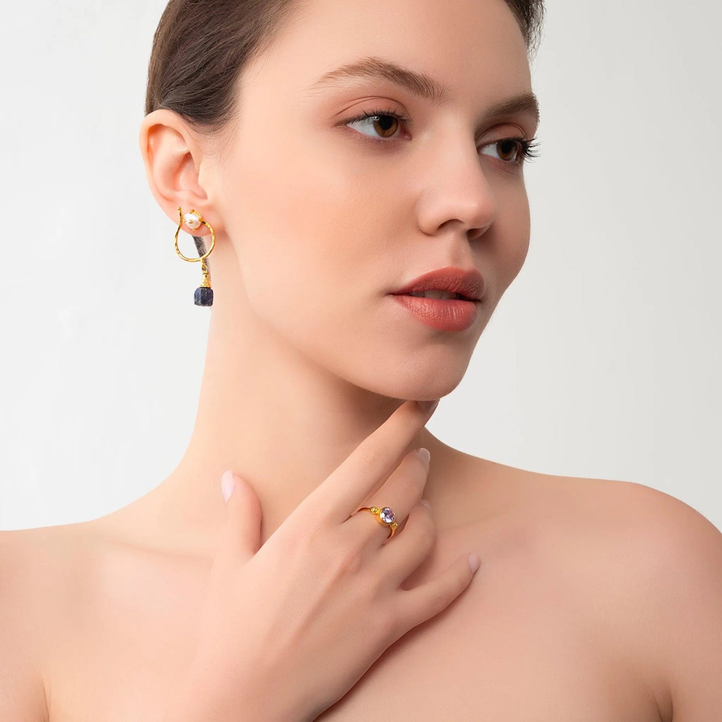 Dangling Gold Pearl Earrings with Lapis Lazuli and Ruby