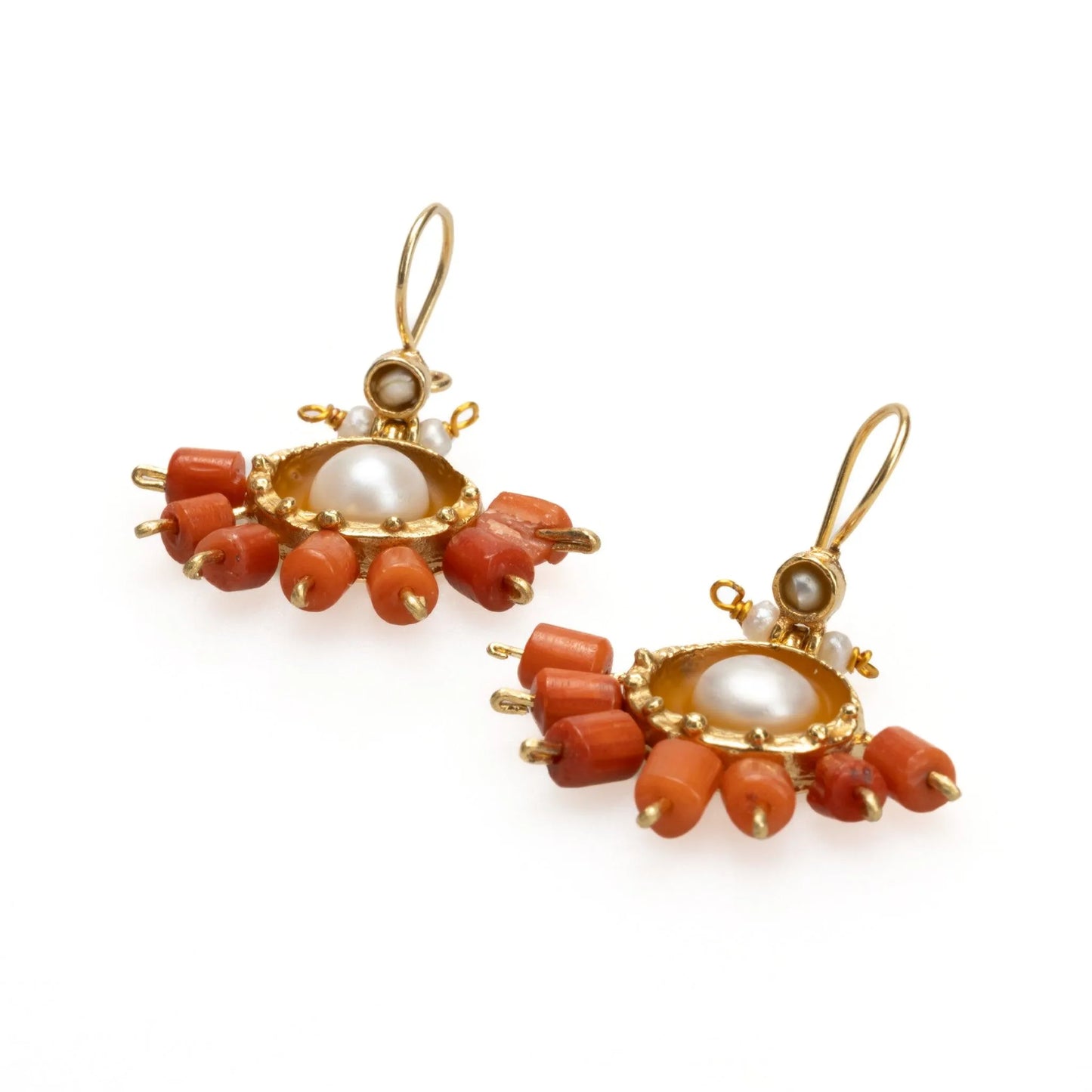 18k Gold Hellenistic Sunflower Coral Earrings with Pearl