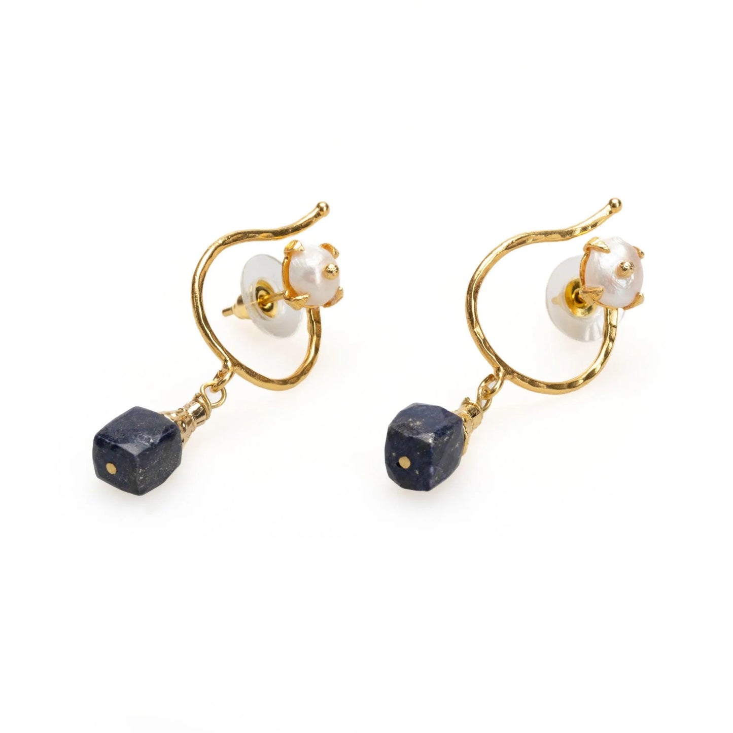 Dangling Gold Pearl Earrings with Lapis Lazuli and Ruby