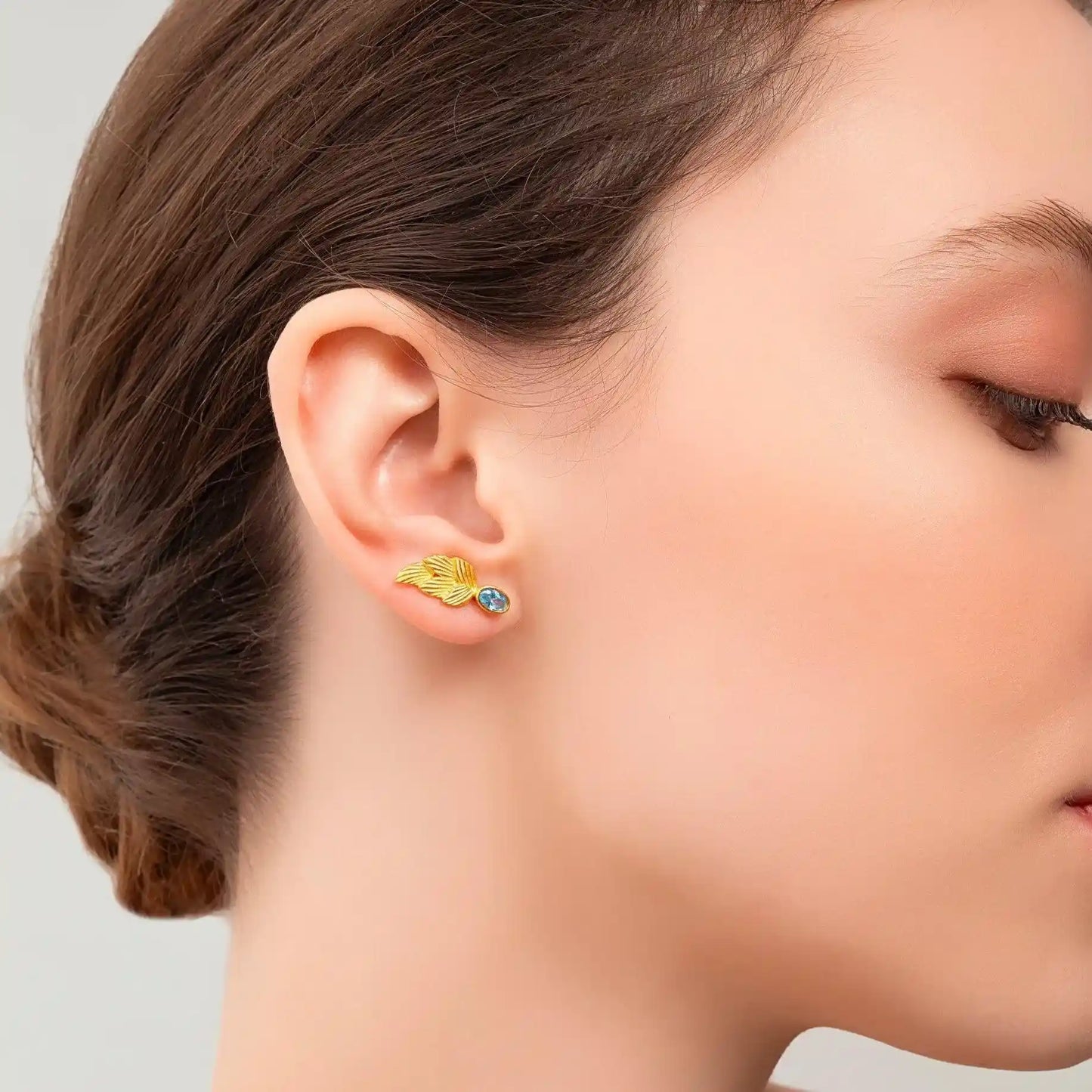 18k Gold Birthstone Leaf Earrings, Alexandrite June Birthstone