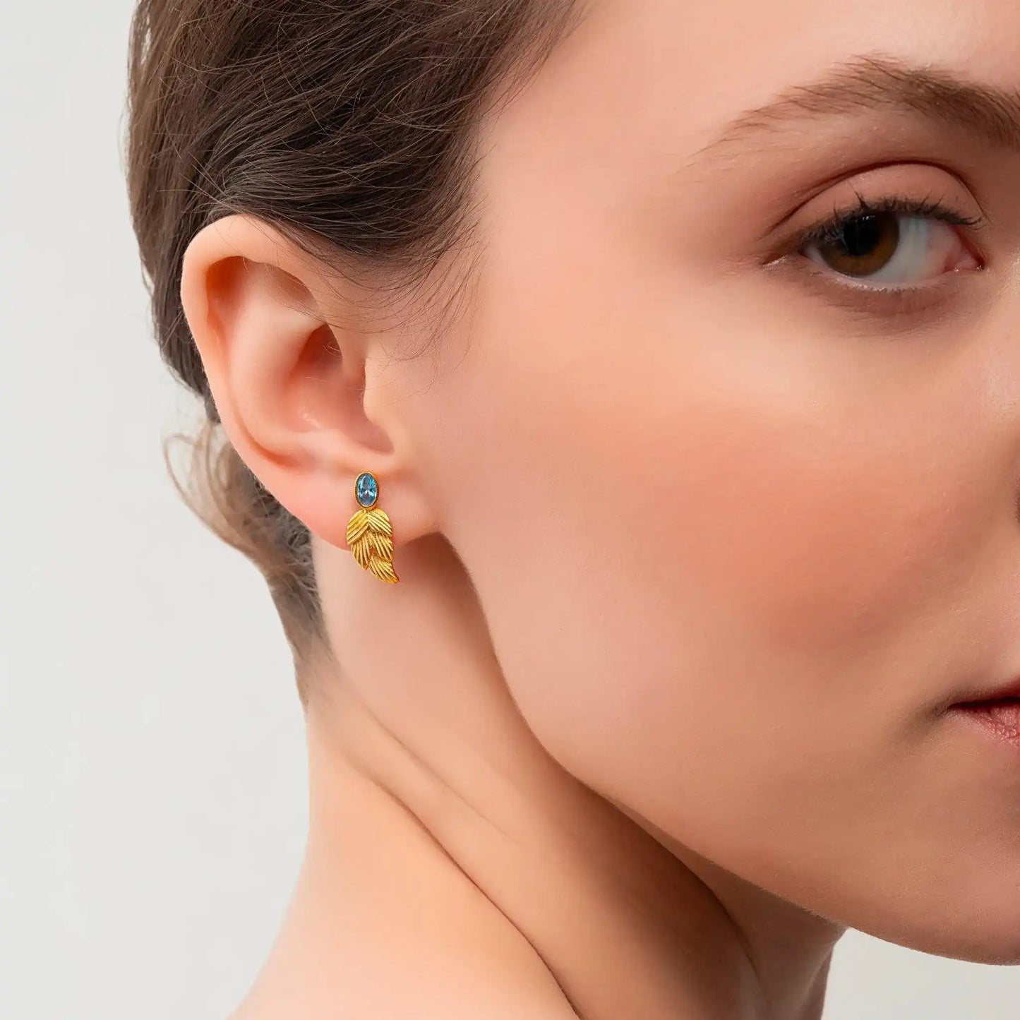 18k Gold Birthstone Leaf Earrings, Tourmaline October Birthstone
