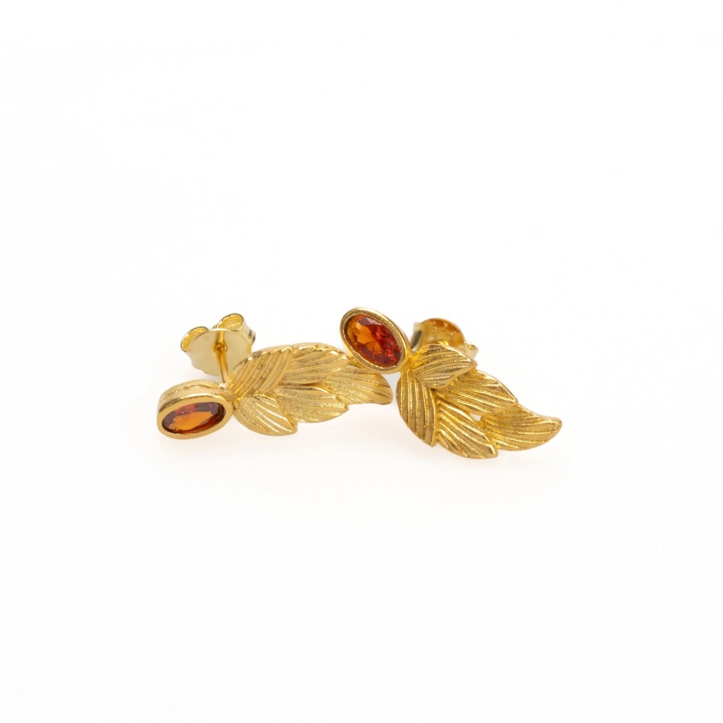 18k Gold Birthstone Leaf Earrings, Garnet January Birthstone - Sadehane