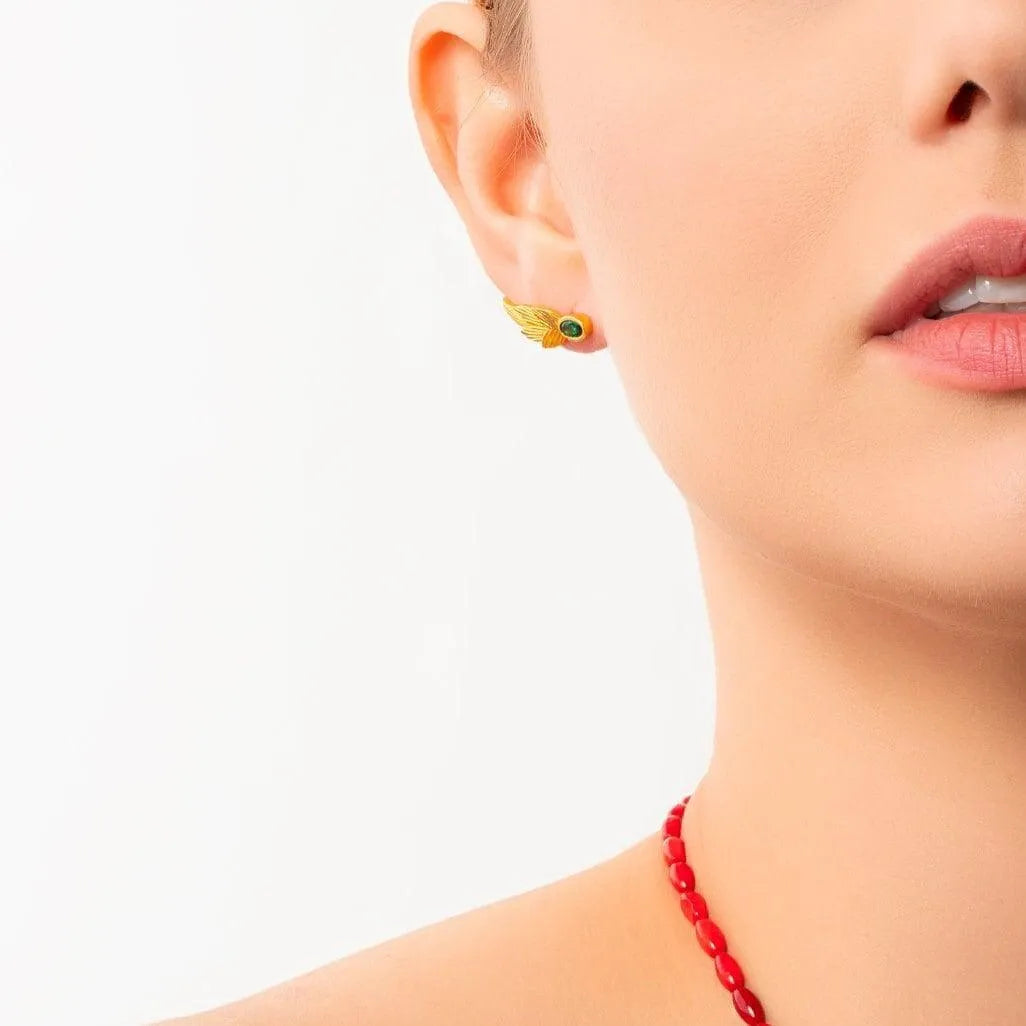 18k Gold Birthstone Leaf Earrings, Garnet January Birthstone - Sadehane