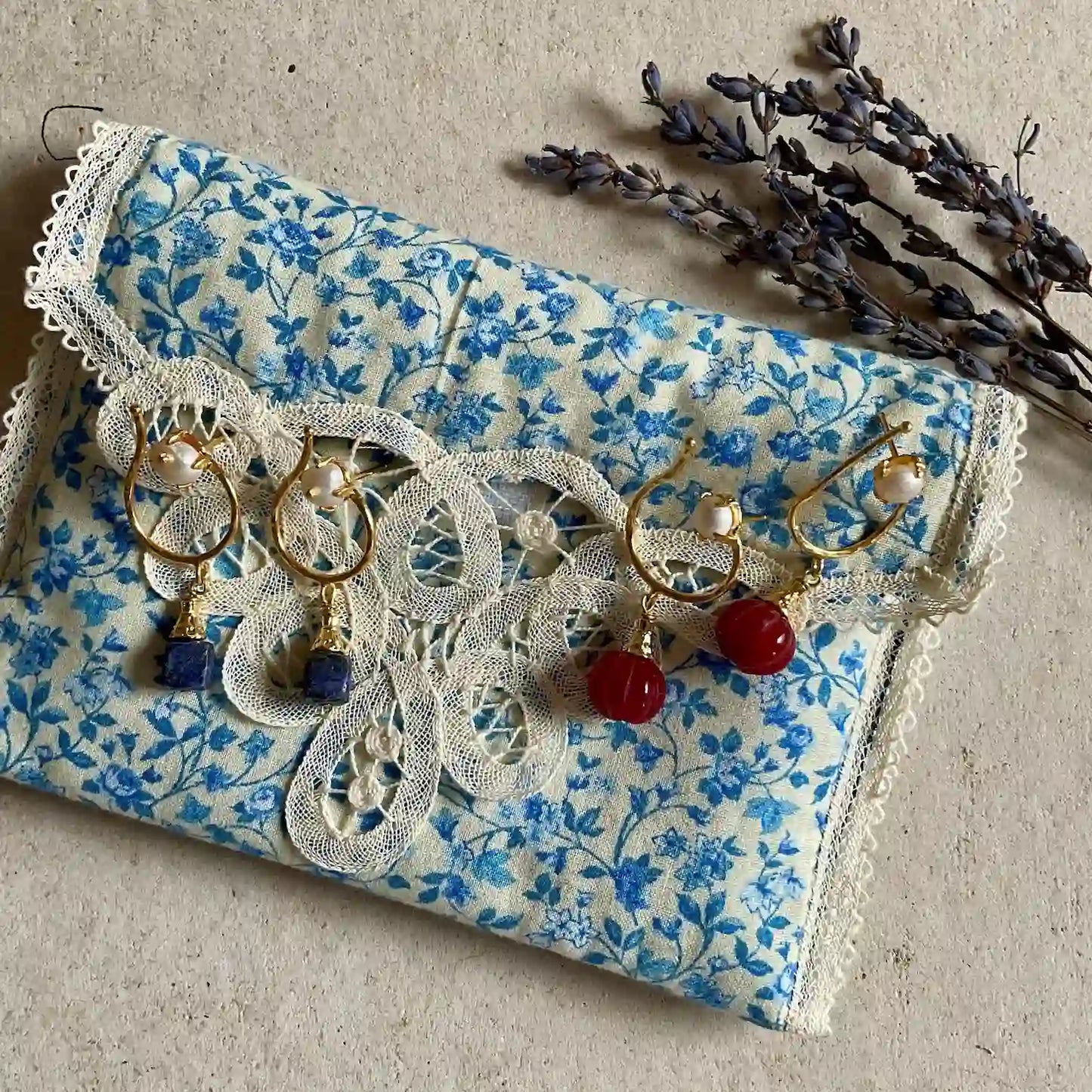 Dangling Gold Pearl Earrings with Lapis Lazuli and Ruby