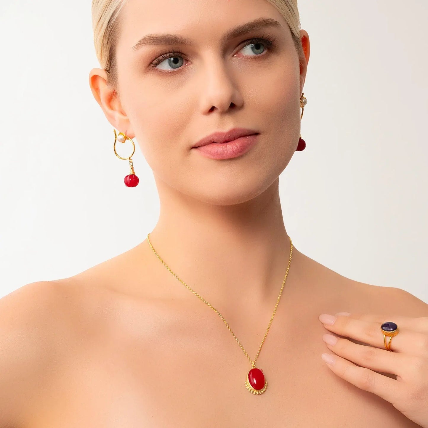 Dangling Gold Pearl Earrings with Lapis Lazuli and Ruby