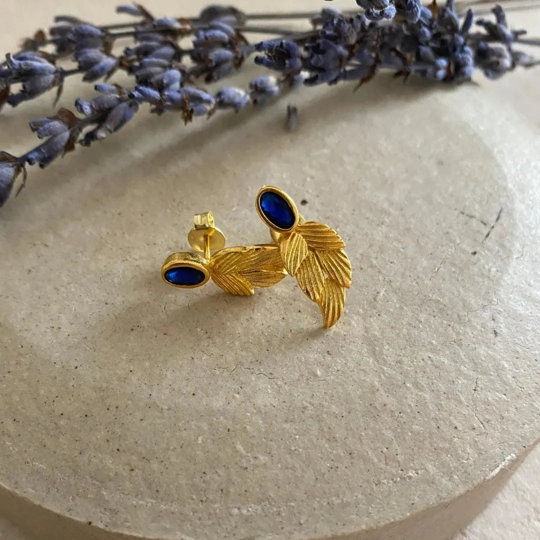 18k Gold Birthstone Leaf Earrings, Sapphire September Birthstone