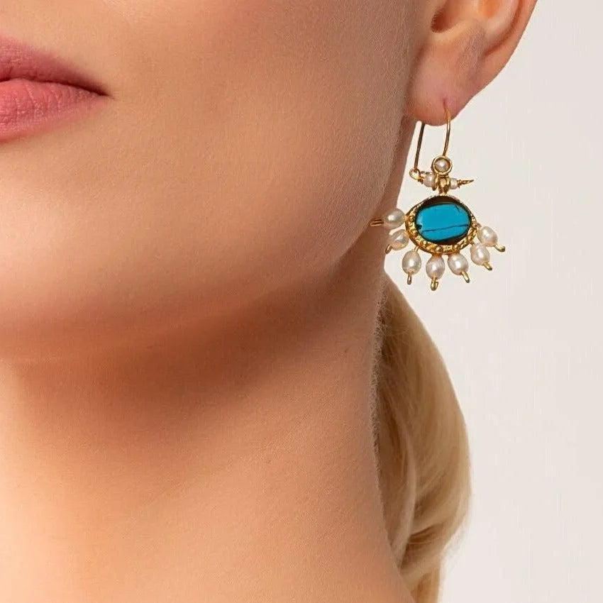 18k Gold Hellenistic Sunflower Pearl Earrings with Turquoise