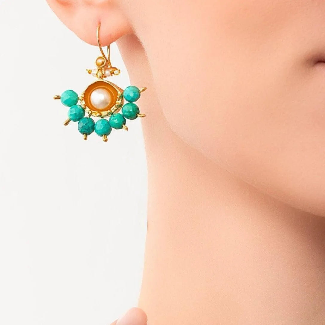 18k Gold Hellenistic Sunflower Turquoise Earrings with Pearl