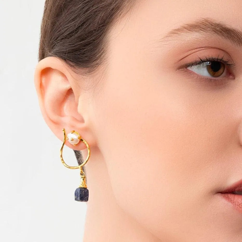 Dangling Gold Pearl Earrings with Lapis Lazuli and Ruby