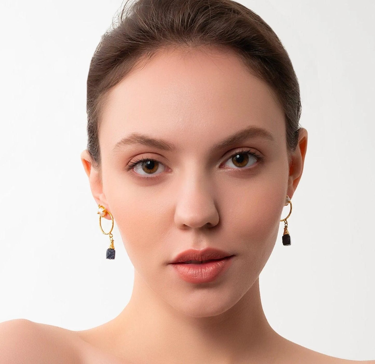 Dangling Gold Pearl Earrings with Lapis Lazuli and Ruby