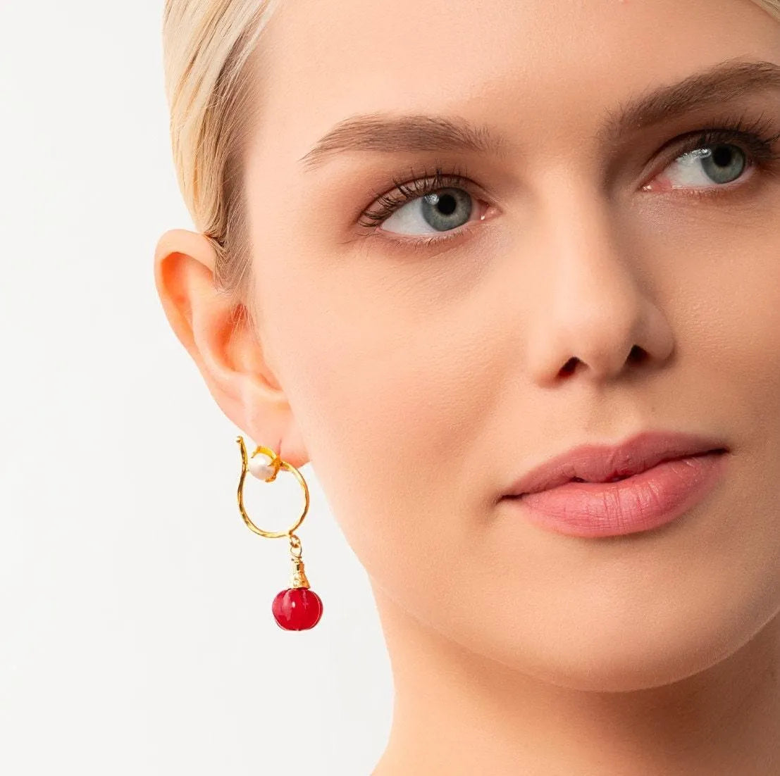 Dangling Gold Pearl Earrings with Lapis Lazuli and Ruby