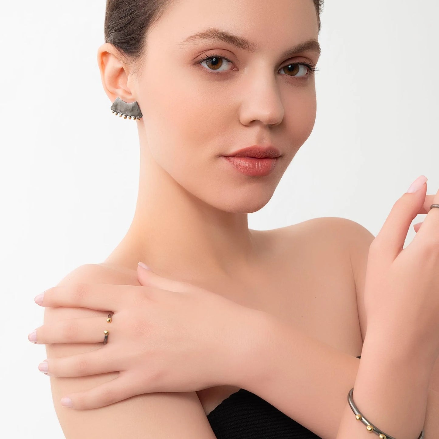 Byzantine Stud Earrings, 18k Gold and Rhodium