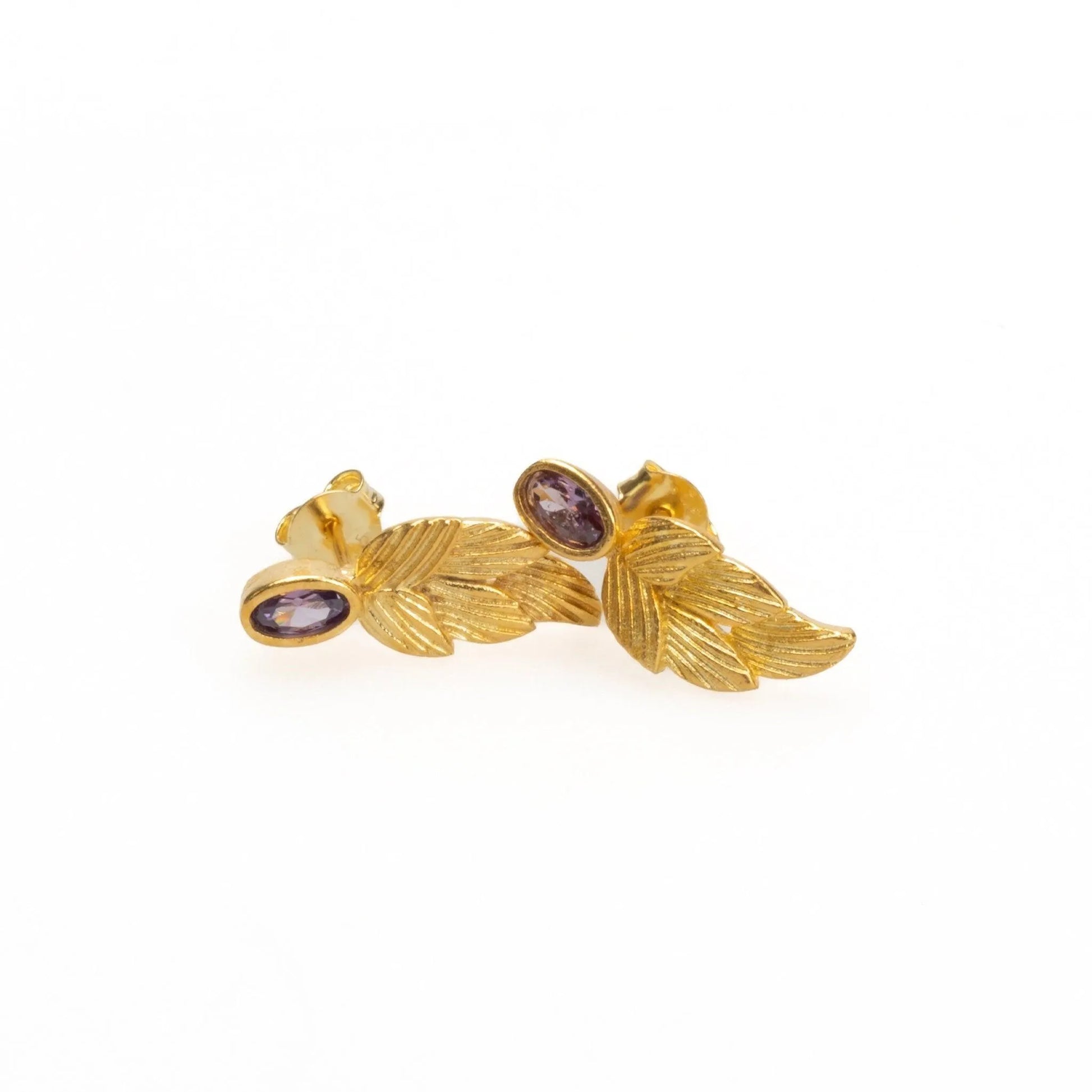 18k Gold Birthstone Leaf Earrings, Amethyst February Birthstone - Sadehane