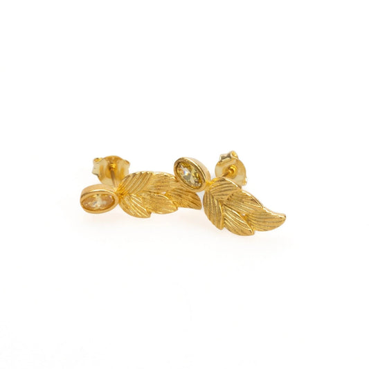 18k Gold Birthstone Leaf Earrings, Citrine November Birthstone - Sadehane
