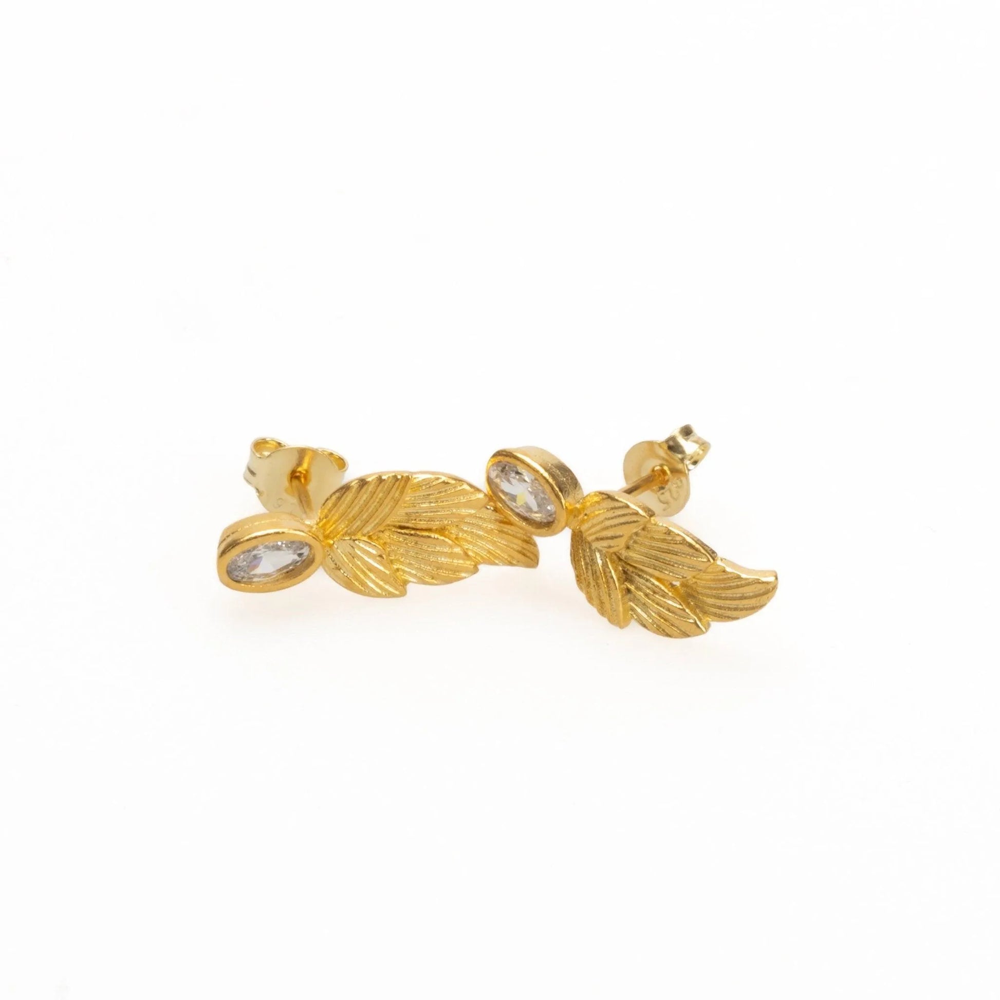 18k Gold Birthstone Leaf Earrings, Cubic Zirconia April Birthstone - Sadehane