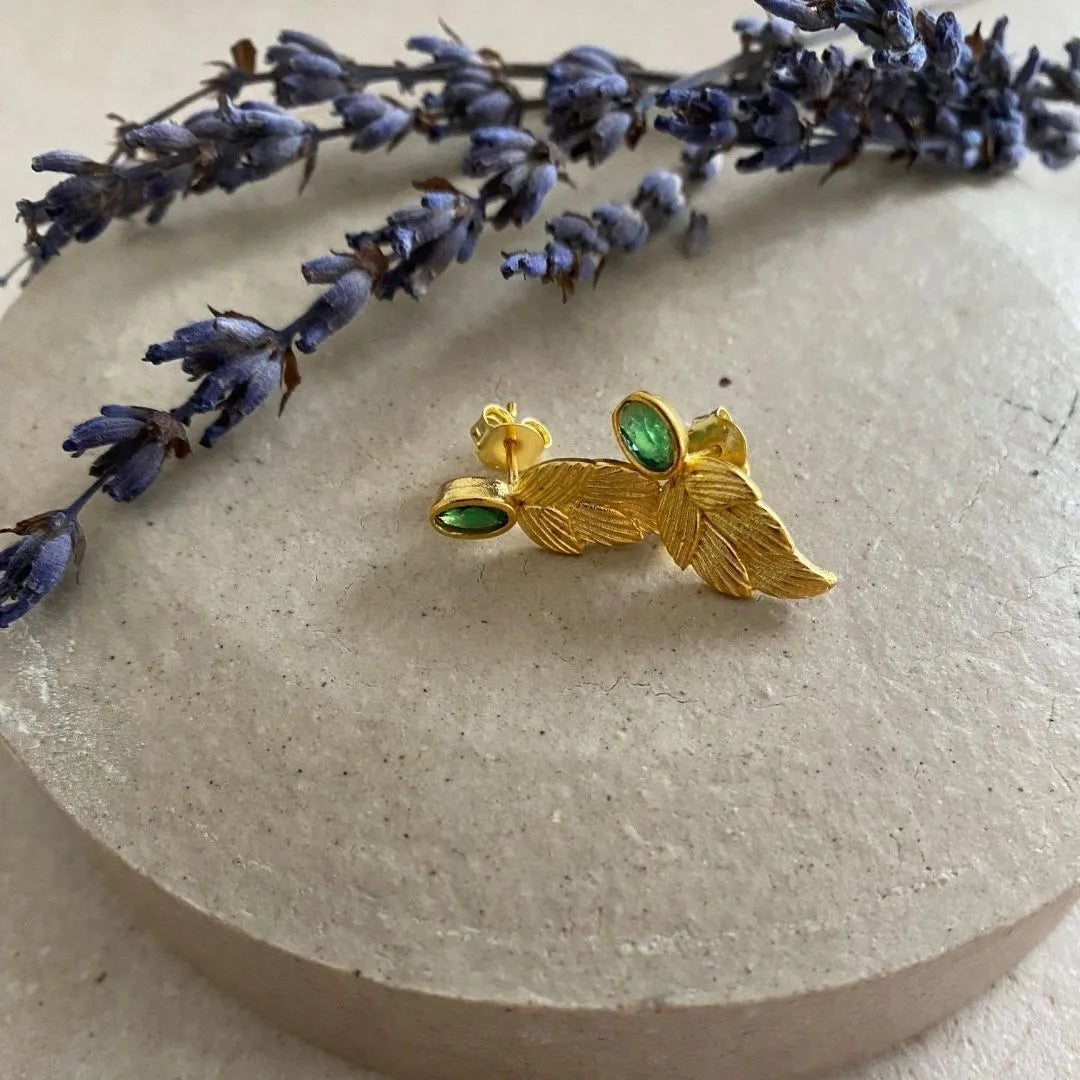 18k Gold Birthstone Leaf Earrings, Emerald May Birthstone