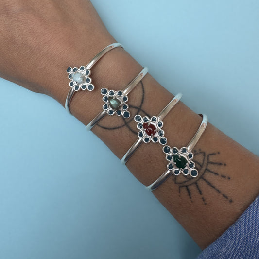 Boho Gemstone Cuff Bracelet: Sterling Silver or Gold Plated Adjustable Bangle