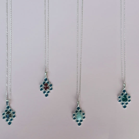 Boho Sterling Silver Pendant Necklace: Enamel Frame, Gemstone Options