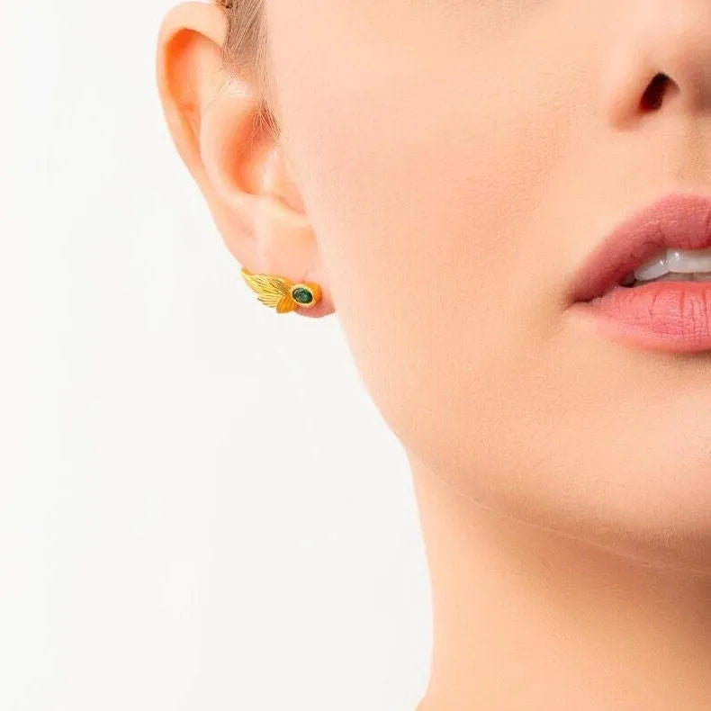18k Gold Birthstone Leaf Earrings, Peridot August Birthstone