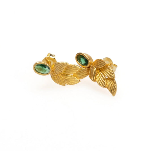 18k Gold Birthstone Leaf Earrings, Emerald May Birthstone