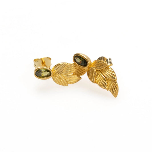 18k Gold Birthstone Leaf Earrings, Peridot August Birthstone